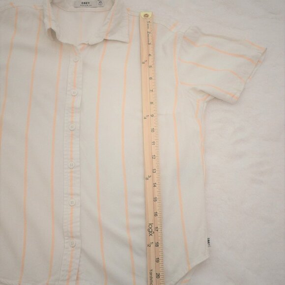 Obey Crop Shirt Sz XS Button Down Striped Relaxed Fit Minimalist Neutral Preppy - Picture 6 of 8